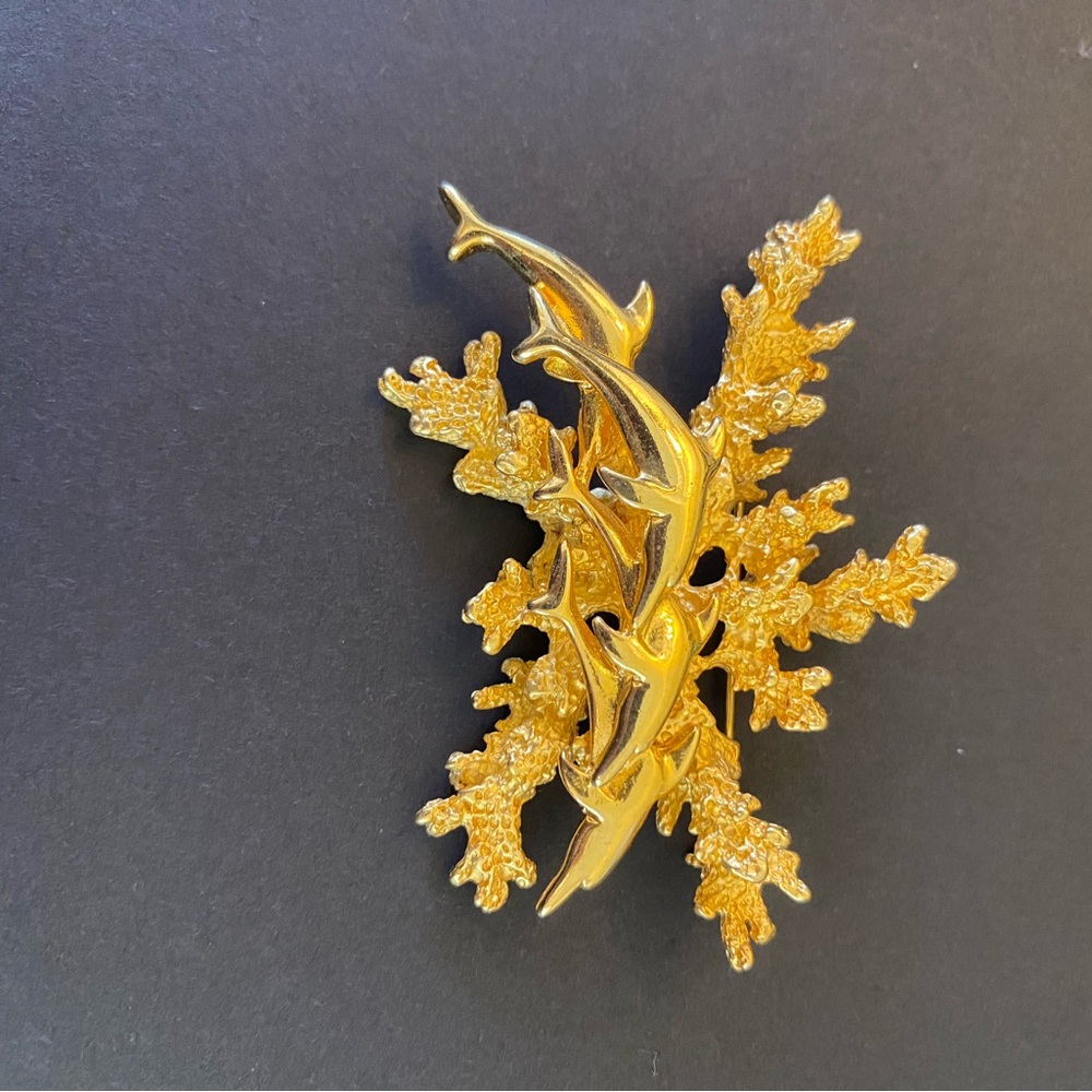 Gold Tone Dolphin Coral Reed Brooch - Marine Pin